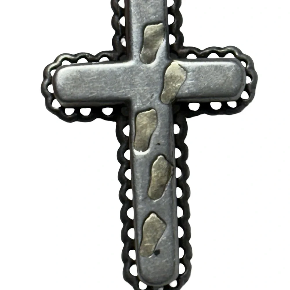14k Gold & Sterling Silver JCM 3 Dimensional Footsteps Cross Religious Pendant